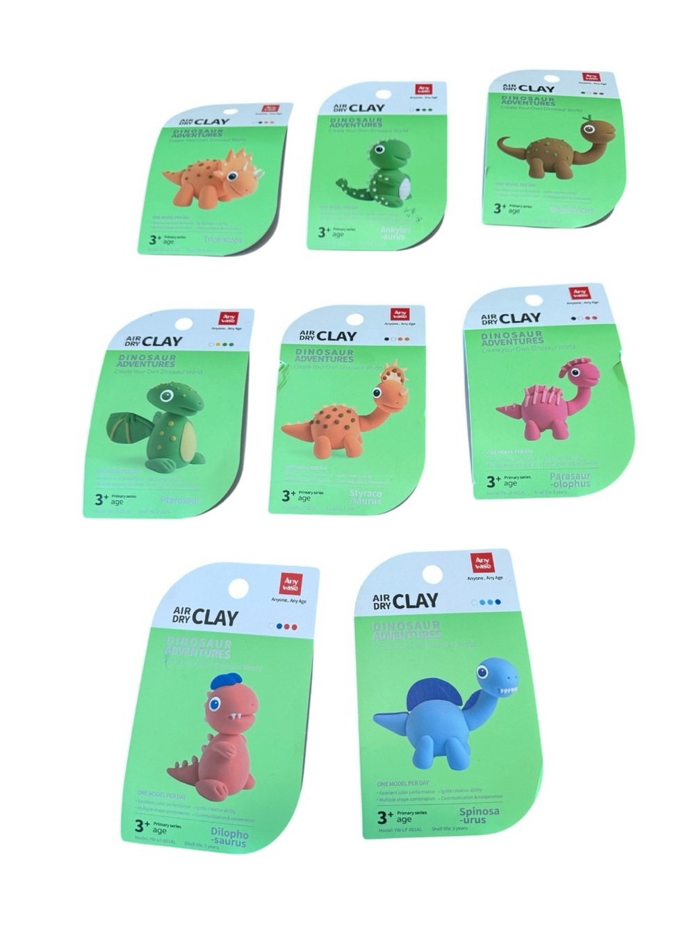 Any Wise Dinos Set - 8 Individual Modeling Kids Air Dry Clay Kits